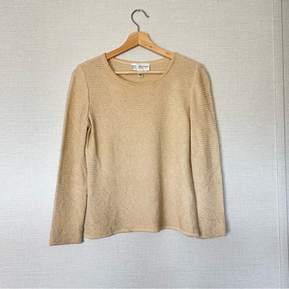 Vintage St. John Collection Tan Gold Shimmer Wool Blend Sweater Size Small